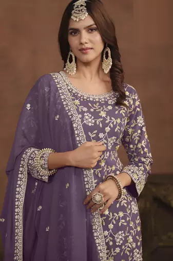 majestic lavender embroidered georgette sharara salwar suit