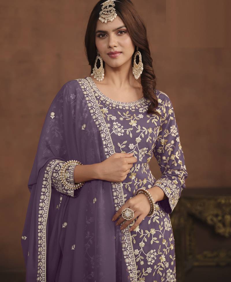majestic lavender embroidered georgette sharara salwar suit