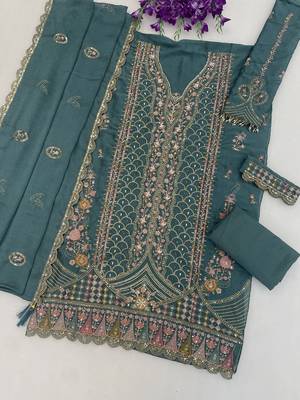 Teal blue heavy embroidery kurti set with scallop border dupatta | festive designer suit 4