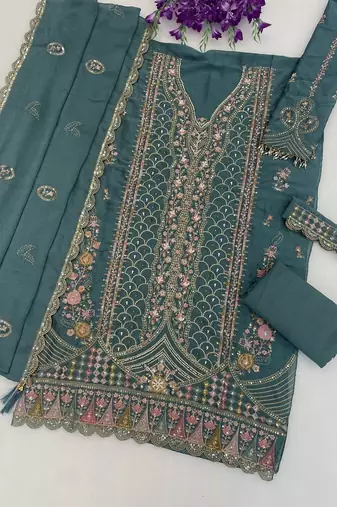 Teal blue heavy embroidery kurti set with scallop border dupatta | festive designer suit