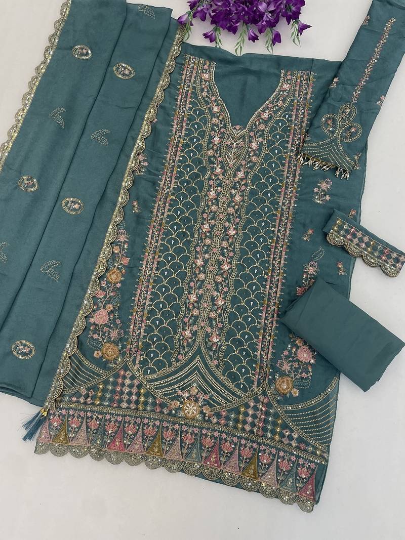 Teal blue heavy embroidery kurti set with scallop border dupatta | festive designer suit
