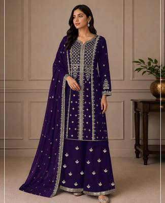Jambli purple zari work straight kurta with bottom & scallop dupatta set 1