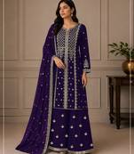 Jambli purple zari work straight kurta with bottom & scallop dupatta set