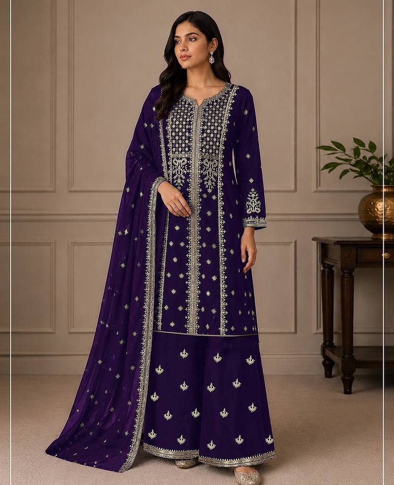 Jambli purple zari work straight kurta with bottom & scallop dupatta set