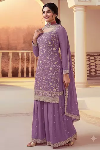 Lavender heavy sequins & embroidery dress material with scalloped border dupatta