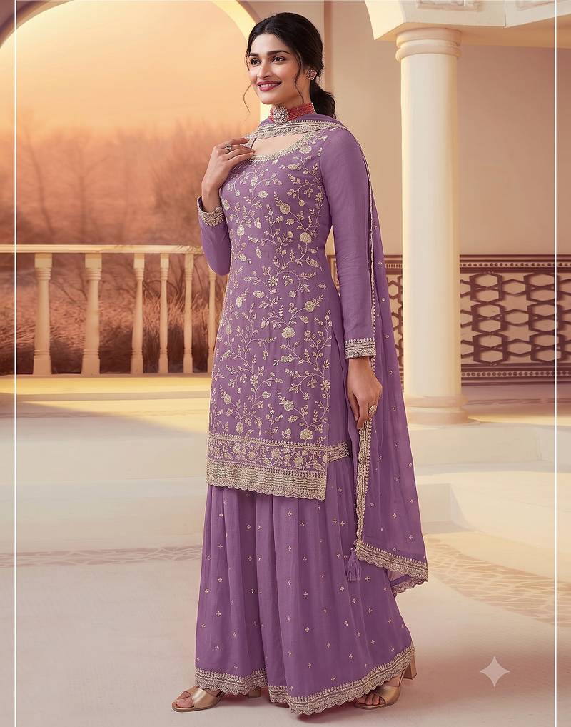 Lavender heavy sequins & embroidery dress material with scalloped border dupatta