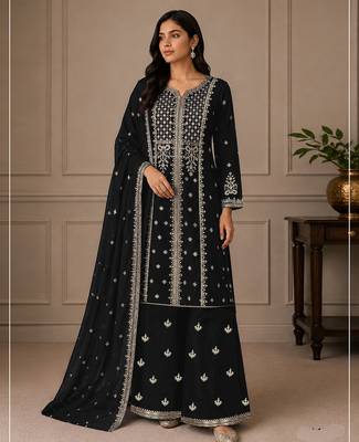Balck zari work straight kurta with bottom & scallop dupatta set 1