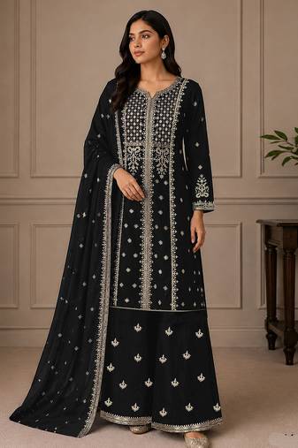 Balck zari work straight kurta with bottom & scallop dupatta set