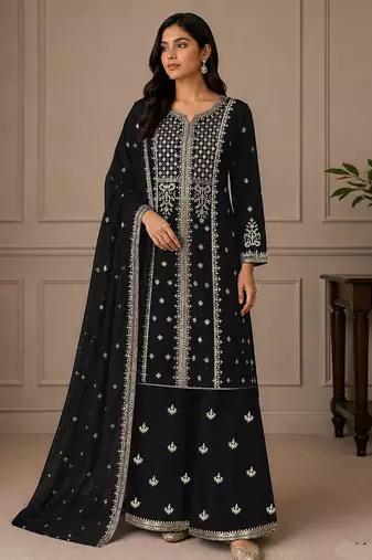 Balck zari work straight kurta with bottom & scallop dupatta set