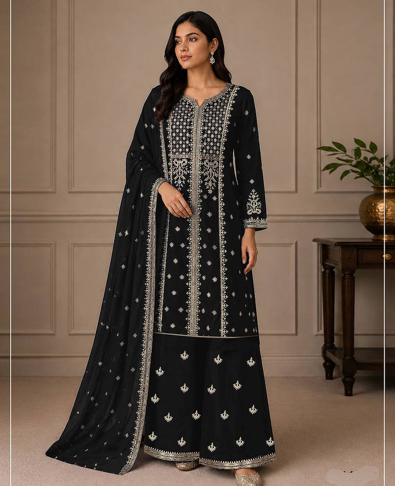 Balck zari work straight kurta with bottom & scallop dupatta set