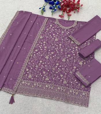Lavender heavy sequins & embroidery dress material with scalloped border dupatta 4