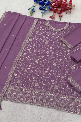 Lavender heavy sequins & embroidery dress material with scalloped border dupatta