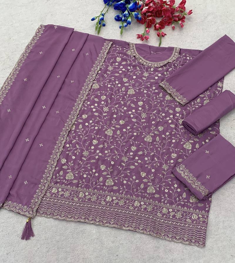 Lavender heavy sequins & embroidery dress material with scalloped border dupatta