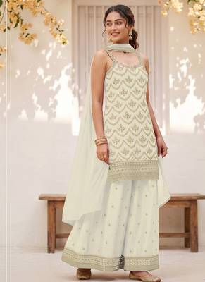 White embroidered strappy kurti sharara set 1