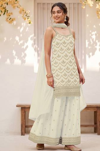White embroidered strappy kurti sharara set