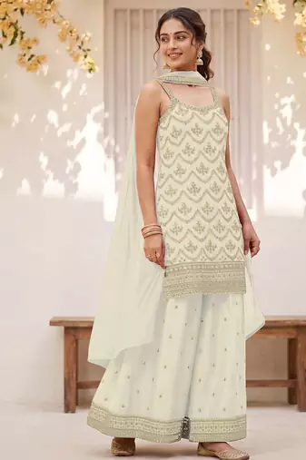 White embroidered strappy kurti sharara set