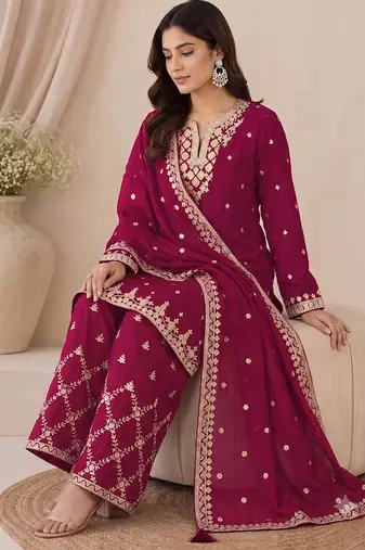 Designer red color zari work pakistani suit piece with heavy border dupatta for women