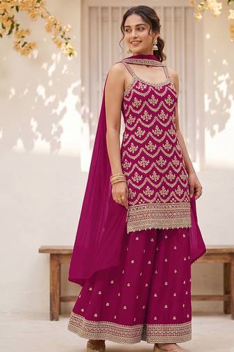 Pink embroidered strappy kurti sharara set
