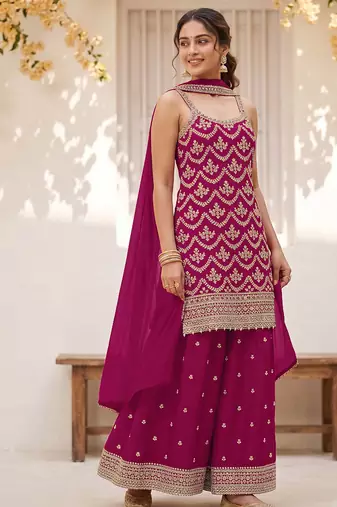 Pink embroidered strappy kurti sharara set