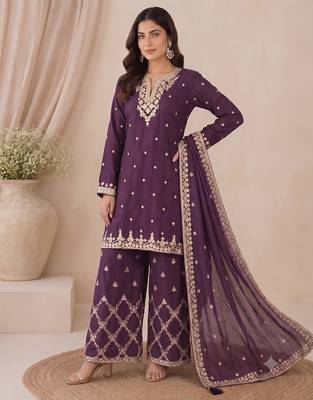 Designer wine color zari work pakistani suit piece with heavy border dupatta for women 3