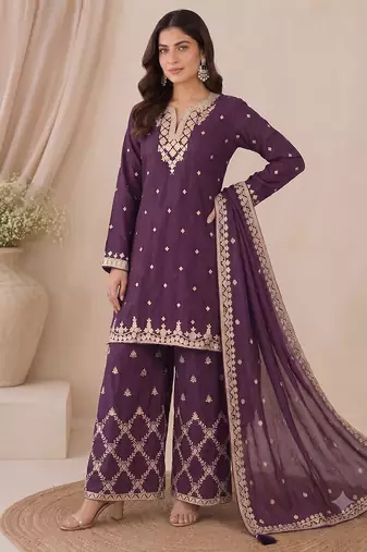 Designer wine color zari work pakistani suit piece with heavy border dupatta for women