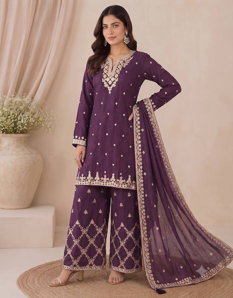 Designer wine color zari work pakistani suit piece with heavy border dupatta for women