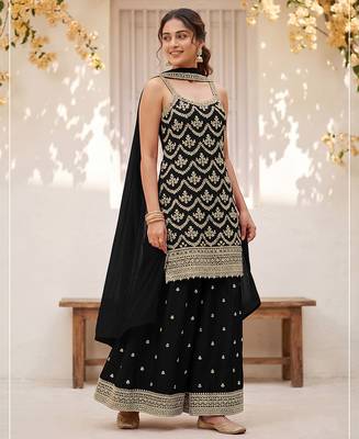 Black embroidered strappy kurti sharara set 1