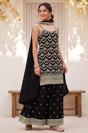 Black embroidered strappy kurti sharara set