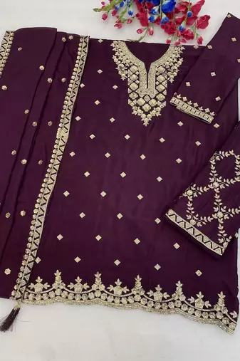 Designer wine color zari work pakistani suit piece with heavy border dupatta for women