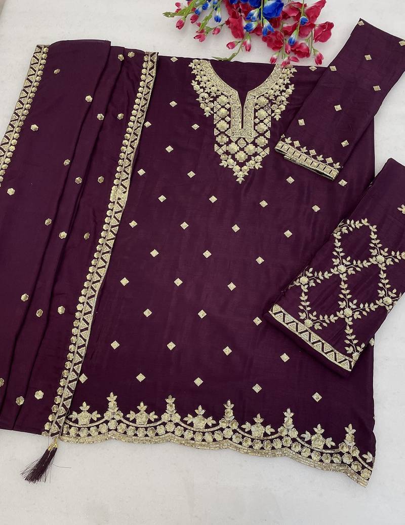Designer wine color zari work pakistani suit piece with heavy border dupatta for women