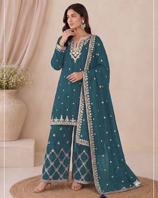 Designer teal color zari work pakistani suit piece with heavy border dupatta for women 3