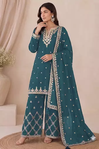 Designer teal color zari work pakistani suit piece with heavy border dupatta for women