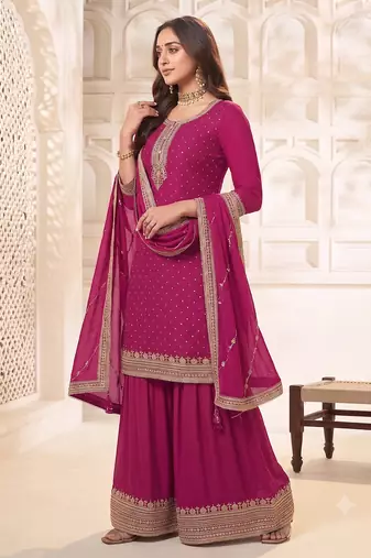 Pink embroidered unstitched salwar suit material with heavy border dupatta