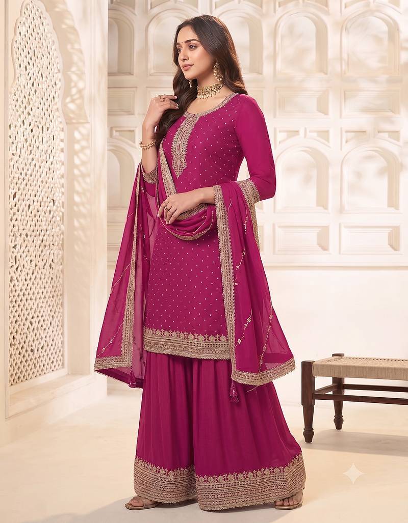 Pink embroidered unstitched salwar suit material with heavy border dupatta