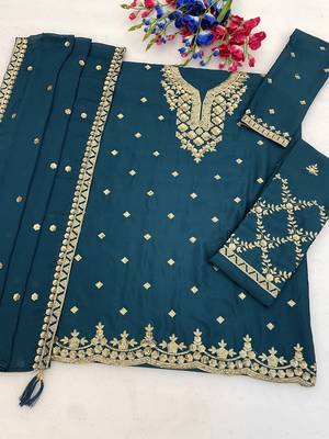 Designer teal color zari work pakistani suit piece with heavy border dupatta for women 4