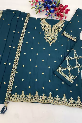Designer teal color zari work pakistani suit piece with heavy border dupatta for women