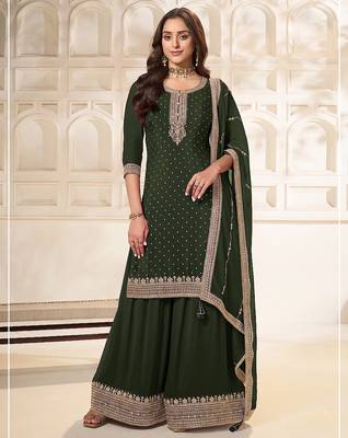 Mehendi  embroidered unstitched salwar suit material with heavy border dupatta 1