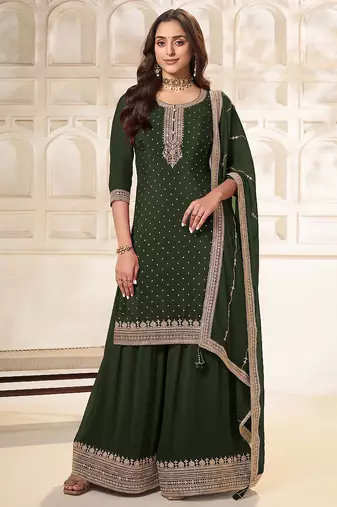 Mehendi  embroidered unstitched salwar suit material with heavy border dupatta