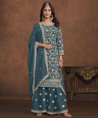 gorgeous teal green embroidered georgette semi-stitched sharara salwar suit 1