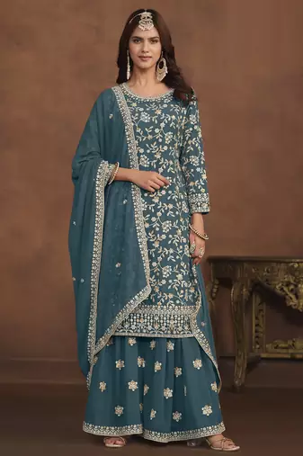 gorgeous teal green embroidered georgette semi-stitched sharara salwar suit