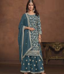 gorgeous teal green embroidered georgette semi-stitched sharara salwar suit