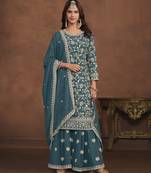 gorgeous teal green embroidered georgette semi-stitched sharara salwar suit