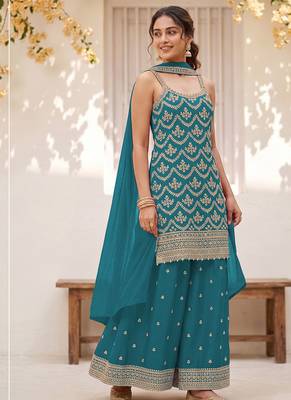 Teal embroidered strappy kurti sharara set 1