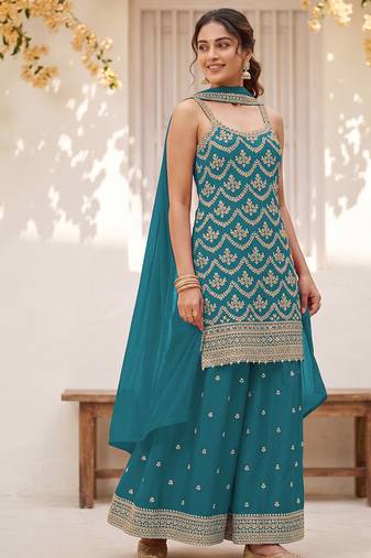 Teal embroidered strappy kurti sharara set