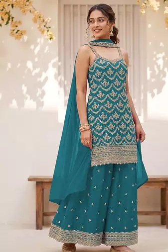 Teal embroidered strappy kurti sharara set