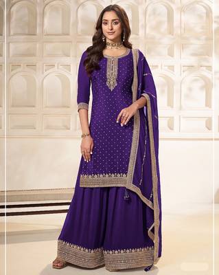 Jambli purple embroidered unstitched salwar suit material with heavy border dupatta 1