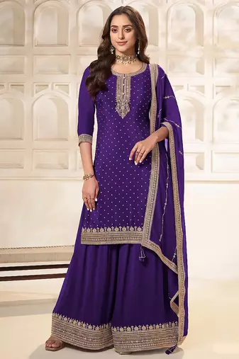 Jambli purple embroidered unstitched salwar suit material with heavy border dupatta