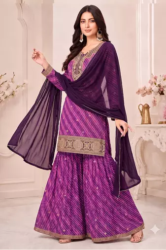 Pink  leheriya print embroidered georgette kurta set with dupatta