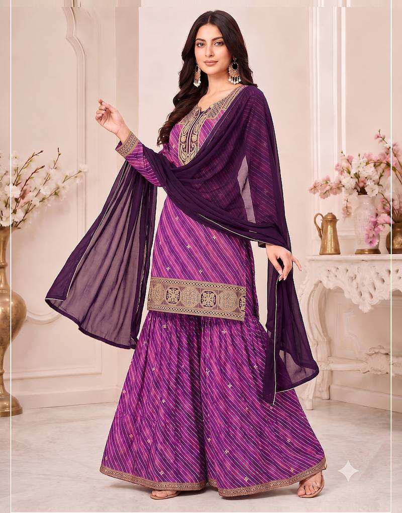 Pink  leheriya print embroidered georgette kurta set with dupatta