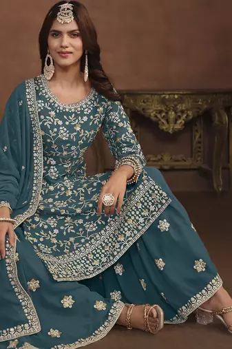 gorgeous teal green embroidered georgette semi-stitched sharara salwar suit
